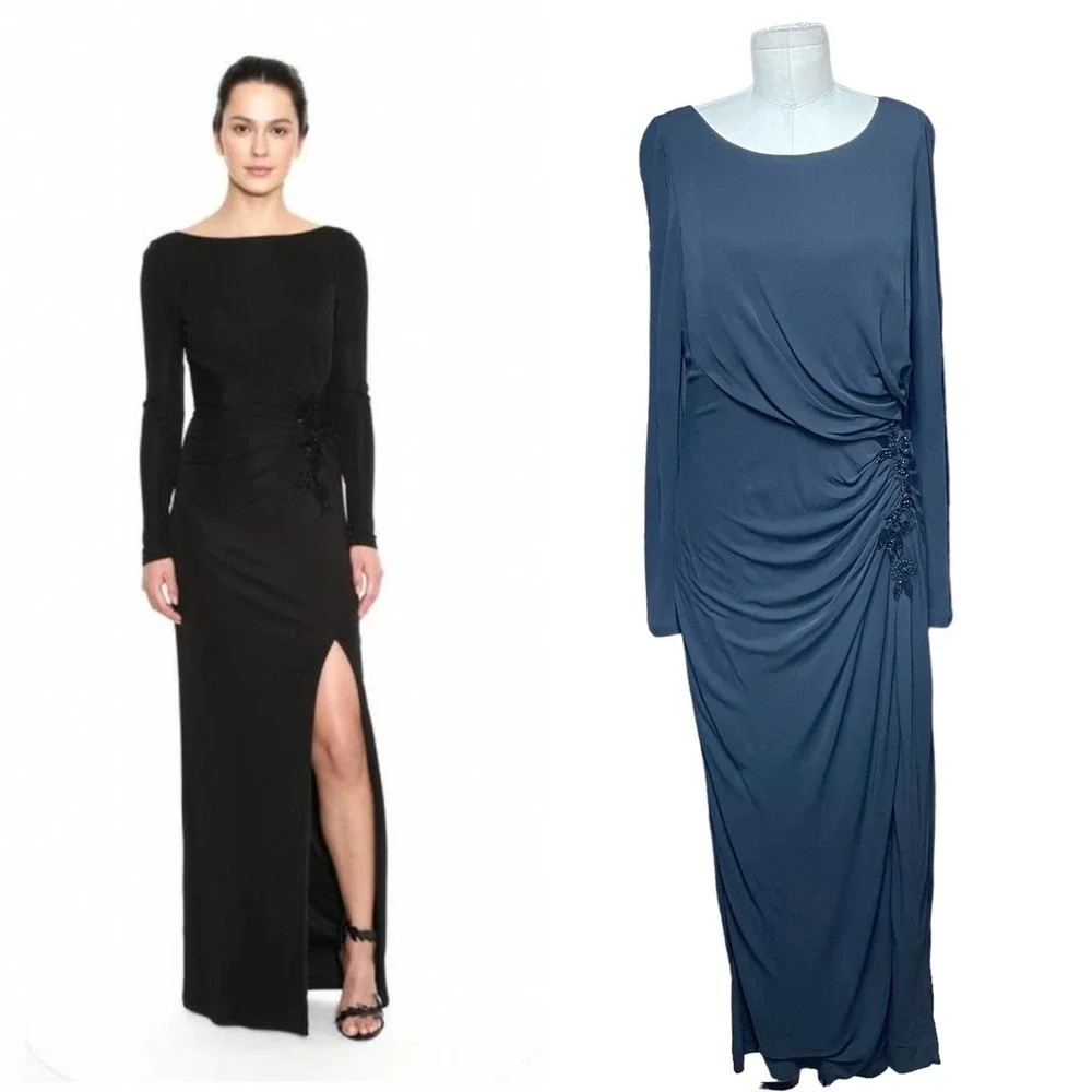 Marchesa Notte‎ Black Long Sleeve Matte Jersey Evening Gown Ruched Size 10